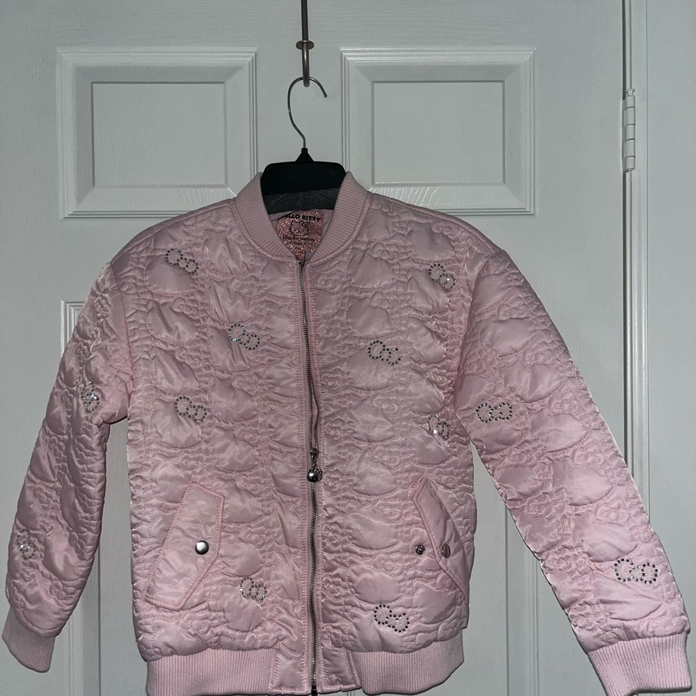Girls' Pink Quilted Bomber Jacket with Embellished Hearts